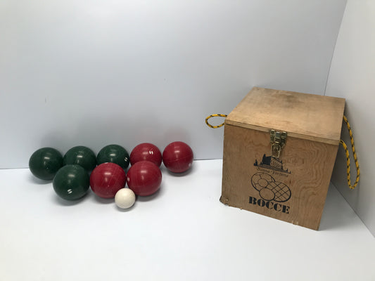 Vintage Sportcraft Bocce Ball Set Green Red Adult Size Carry Bag Original Wood Box Like New Rope Handles Rare Set