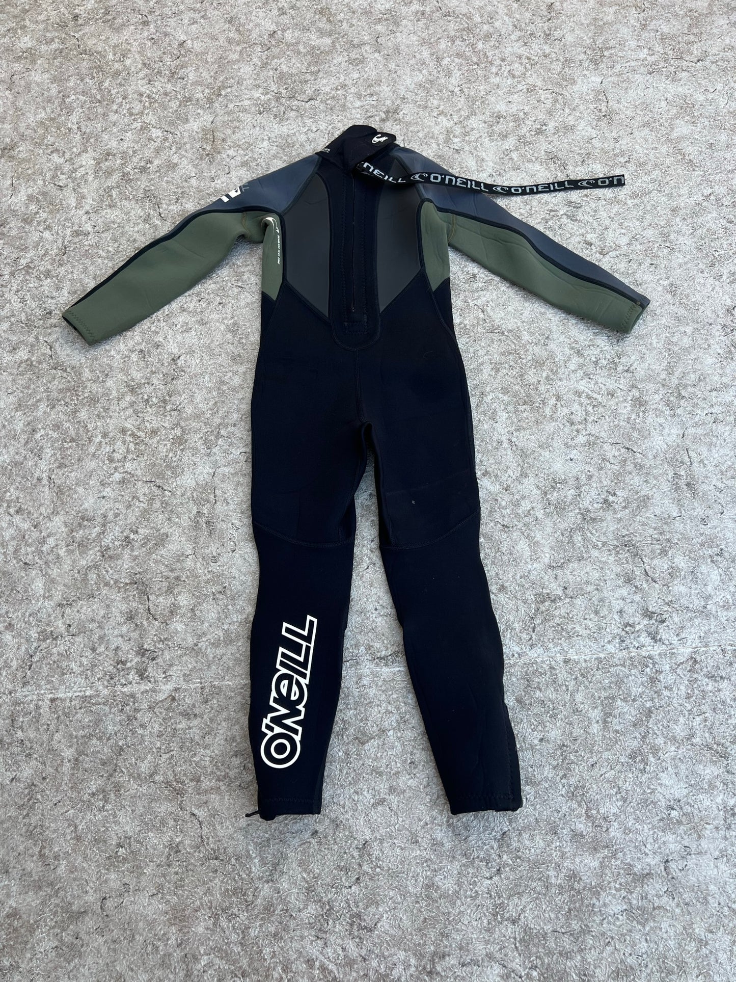 Wetsuit Child Size  4 Sage Green Black O'Neill Full 3-2 mm Neoprene Zippers Up Ankles Outstanding Quality Like New
