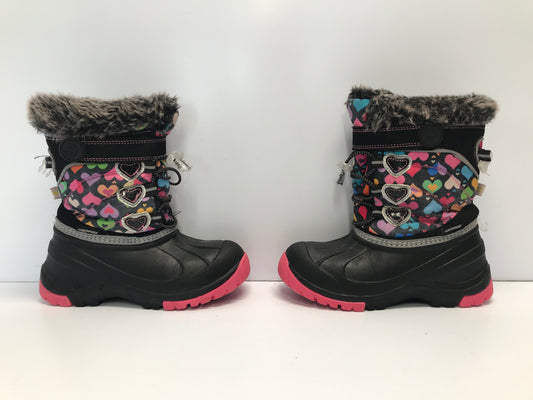 Winter Boots Child Size 1 Hot Paws Waterproof  Black Pink With Hearts Faux Fur With Excellent