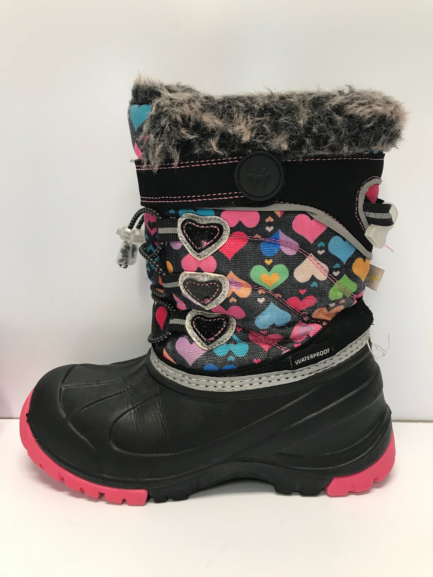 Winter Boots Child Size 1 Hot Paws Waterproof  Black Pink With Hearts Faux Fur With Excellent