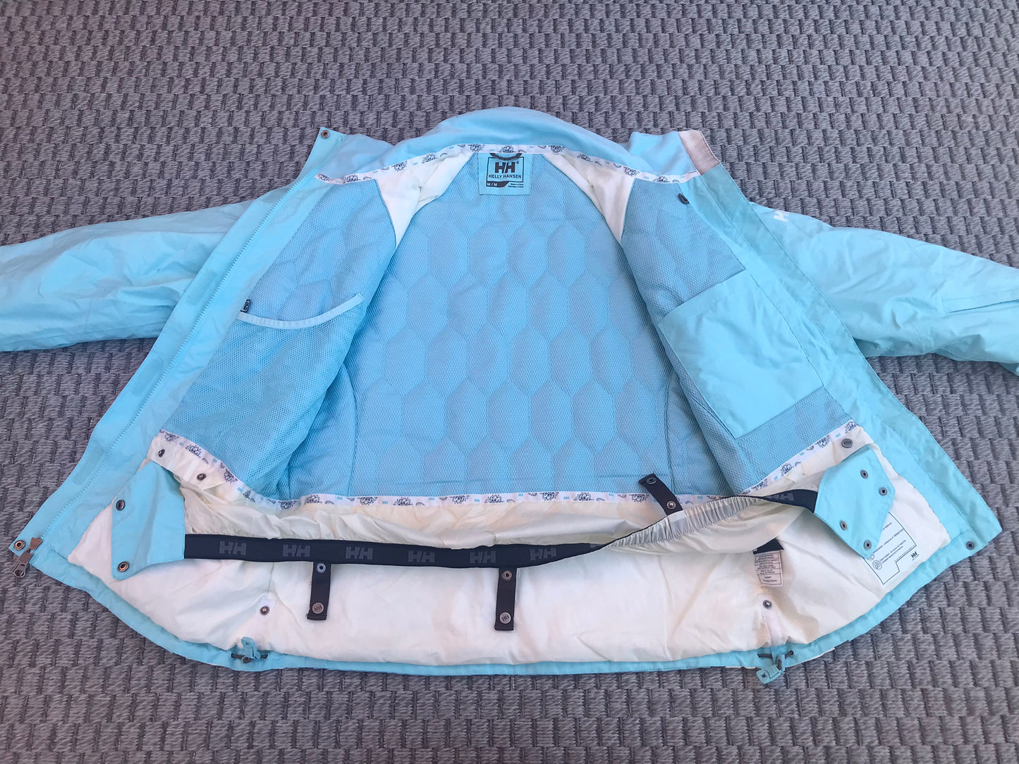 Winter Coat Ladies Size Medium Helly Hansen Aqua Blue White Waterproof With Sealed Seams and Zippers Snow Belt Like New