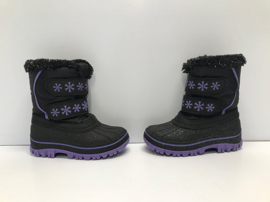 Winter Snow Boots Child Toddler Size 9 Cougar Black Purple Sparkle Glitter Fleece Lined Rubber Soles