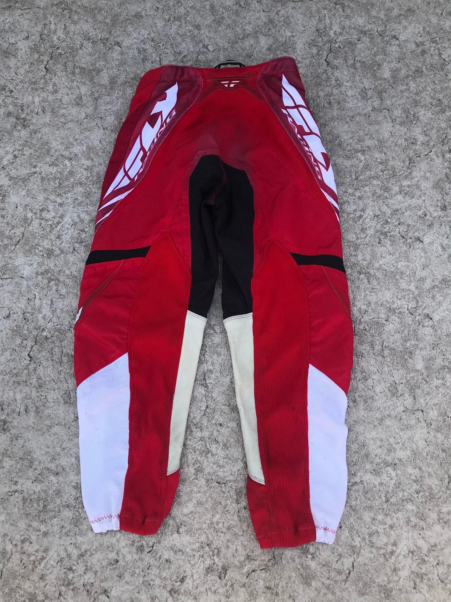 Motocross BMX Dirt Bike Pants Child Size 28 inch Size 14 Fly Racing Leather Knee Shins Red White Minor Marks
