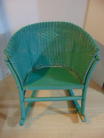 Chair Antique 1930's Child Size Rocking Chair Wood Wicker Rattan and Metal Base Seat Rolled Back and Arms