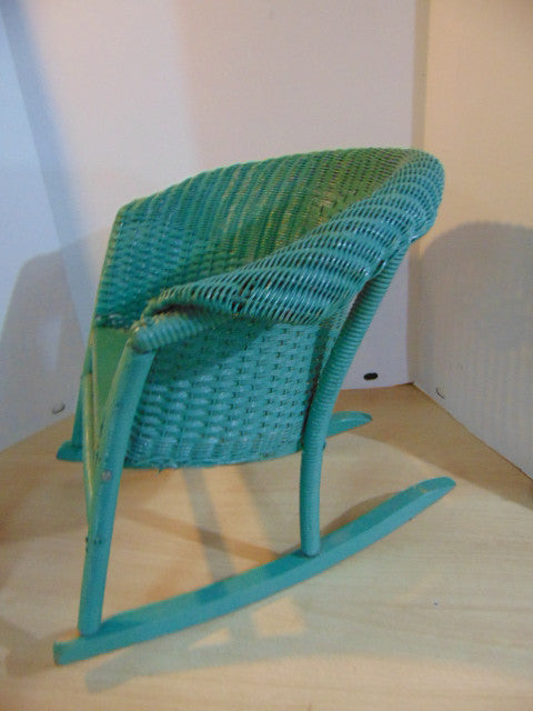 Chair Antique 1930's Child Size Rocking Chair Wood Wicker Rattan and Metal Base Seat Rolled Back and Arms
