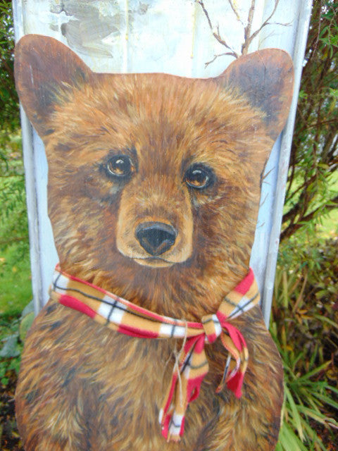 Artist Sarit Critters Vintage 1950's Large Metal Christmas Sled With Hand Cut & Painted Painting Grizzly Bear