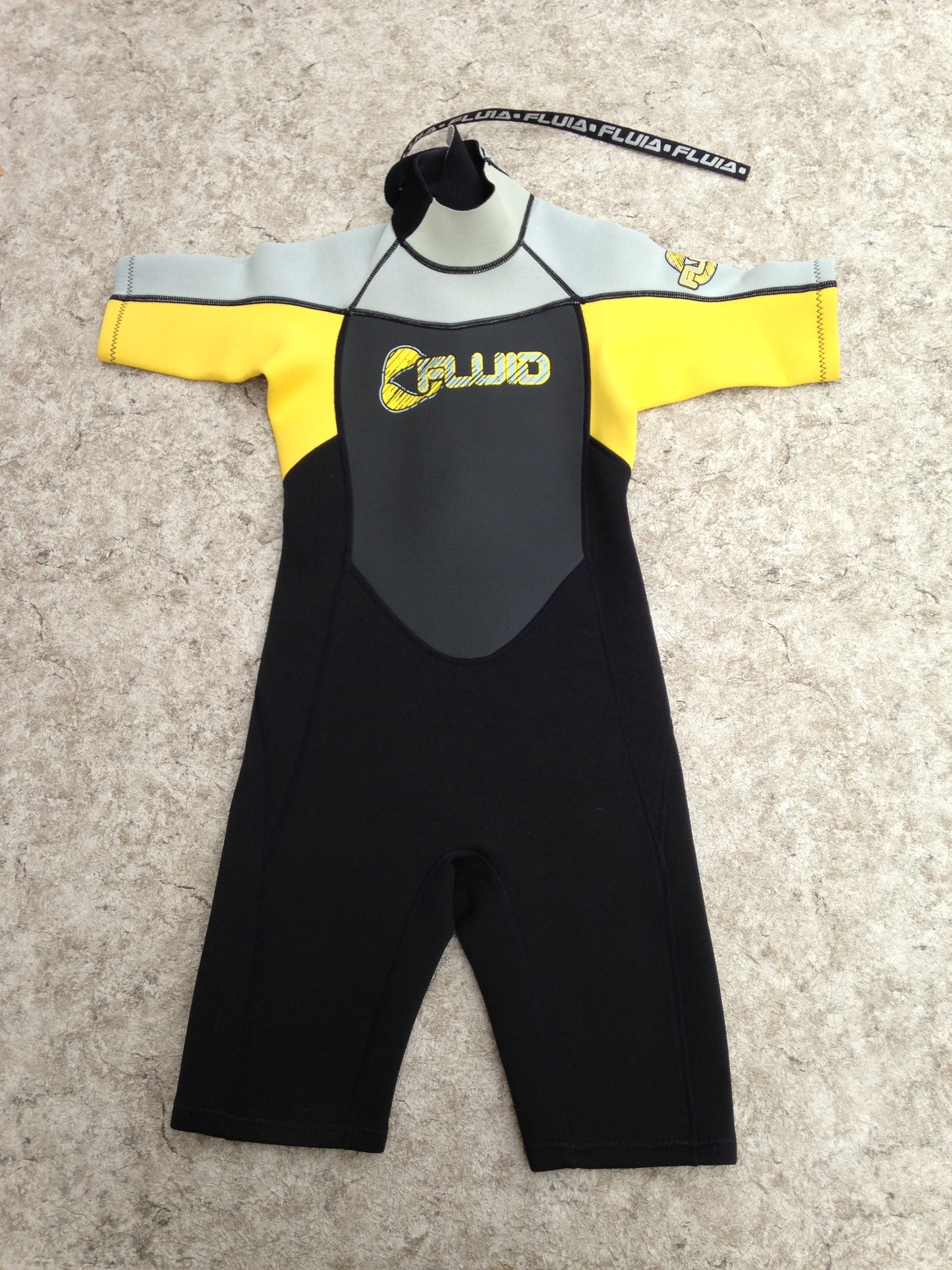 Wetsuit Child Size 10 Fluid  2-3 mm Neoprene Yellow Grey Back New Demo Model