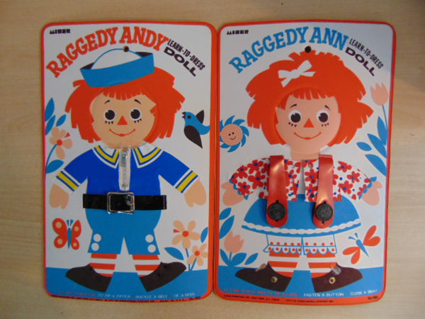 Raggedy Ann Andy 2 LEARN-TO-DRESS dolls 1972 Vintage Bobbs Merrill  RARE No Laces or Buckles