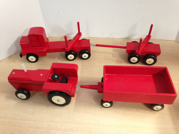 4 pc Vintage Solid Wood Hand Made Farm Tractor Trailer 20 inch and Logging Truck 24 inch Large