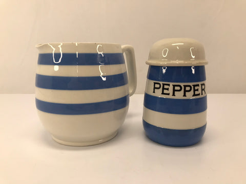 Antique Cornishware RARE Large Round Pottery Pepper Shaker With Similar Style Vintage Stipped Pottery Creamer Jug Sold Together