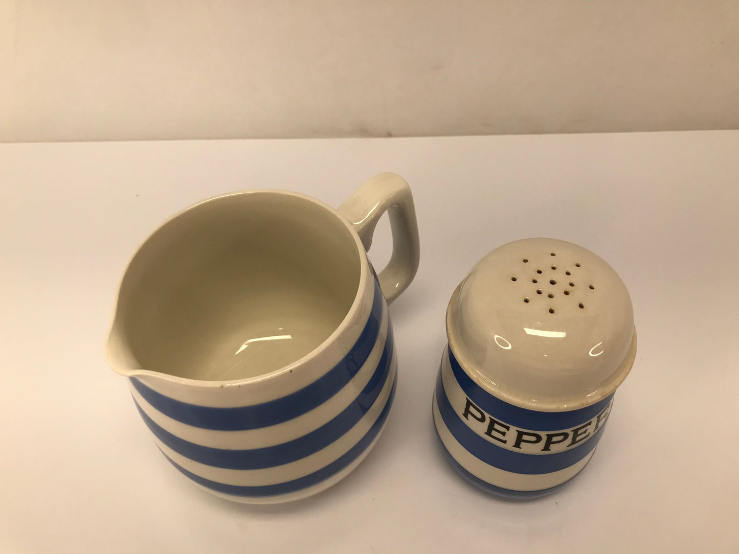 Antique Cornishware RARE Large Round Pottery Pepper Shaker With Similar Style Vintage Stipped Pottery Creamer Jug Sold Together