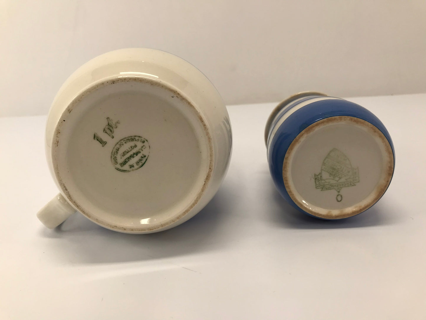 Antique Cornishware RARE Large Round Pottery Pepper Shaker With Similar Style Vintage Stipped Pottery Creamer Jug Sold Together