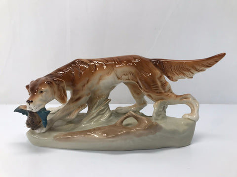 Antique Mid Century Royal Dux Irish Setter Dog Hunting Duck Pheasant Figure Large 15x7 Excellent Condition Very RARE