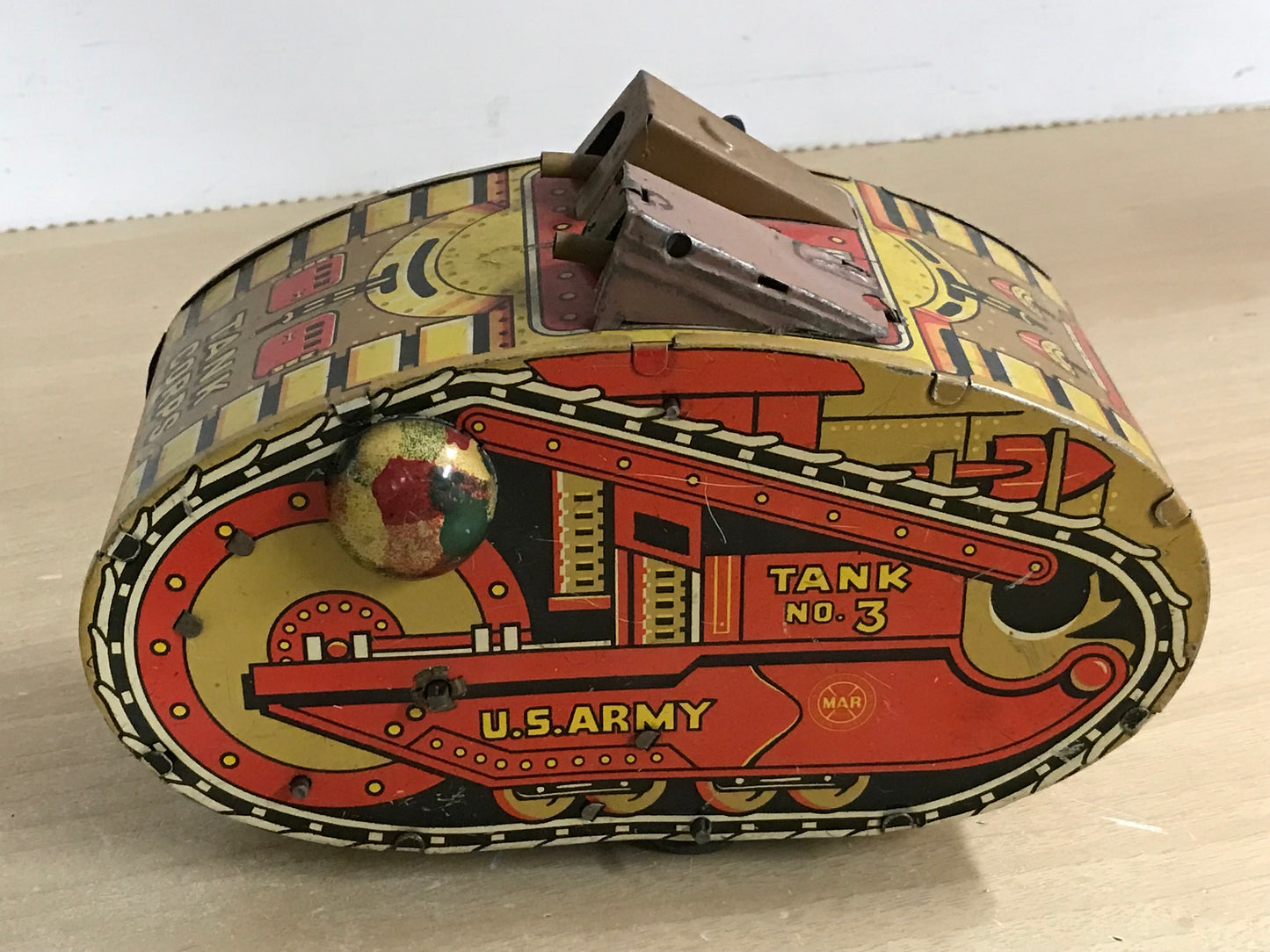 Antique War Marx Toys Litho Tin 8 inch Toy Wind Up US Army Tank No 3  Motor and Key Work Perfect Guns Still Spark Perfectly