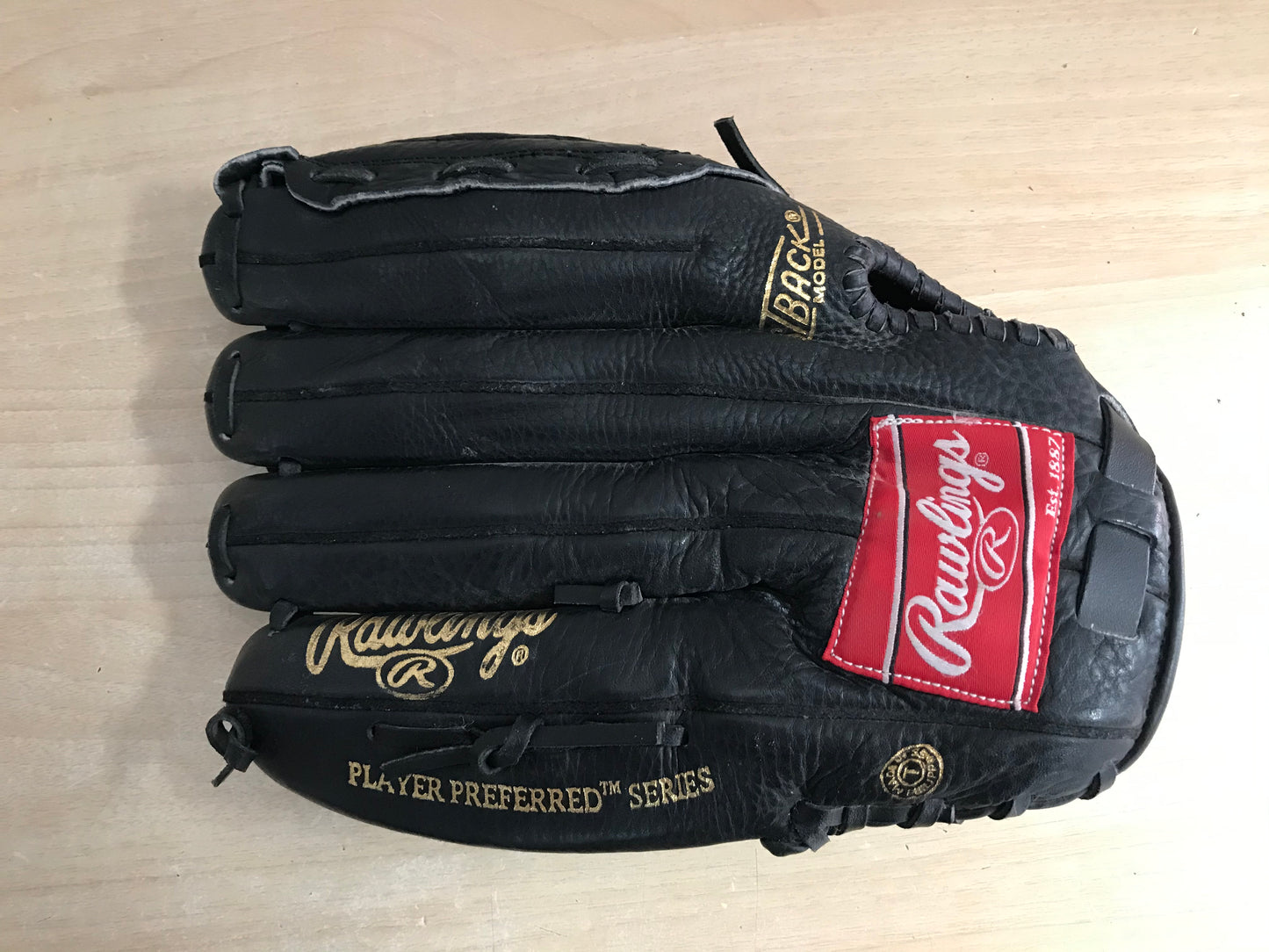 Baseball Glove Adult Size 12.5 inch Rawlings Black Leather Fits on Left Hand Excellent