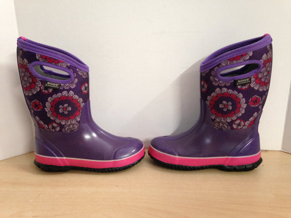 Bogs Brand Child Size 3 Pink Purple Flowers -30 Degree Black Neoprene Rubber Rain Winter Snow Waterproof Boots