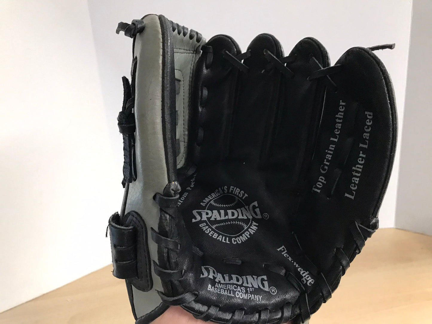 Baseball Glove Adult Size 11.5 Spalding Leather Black Grey Fits on Left Hand