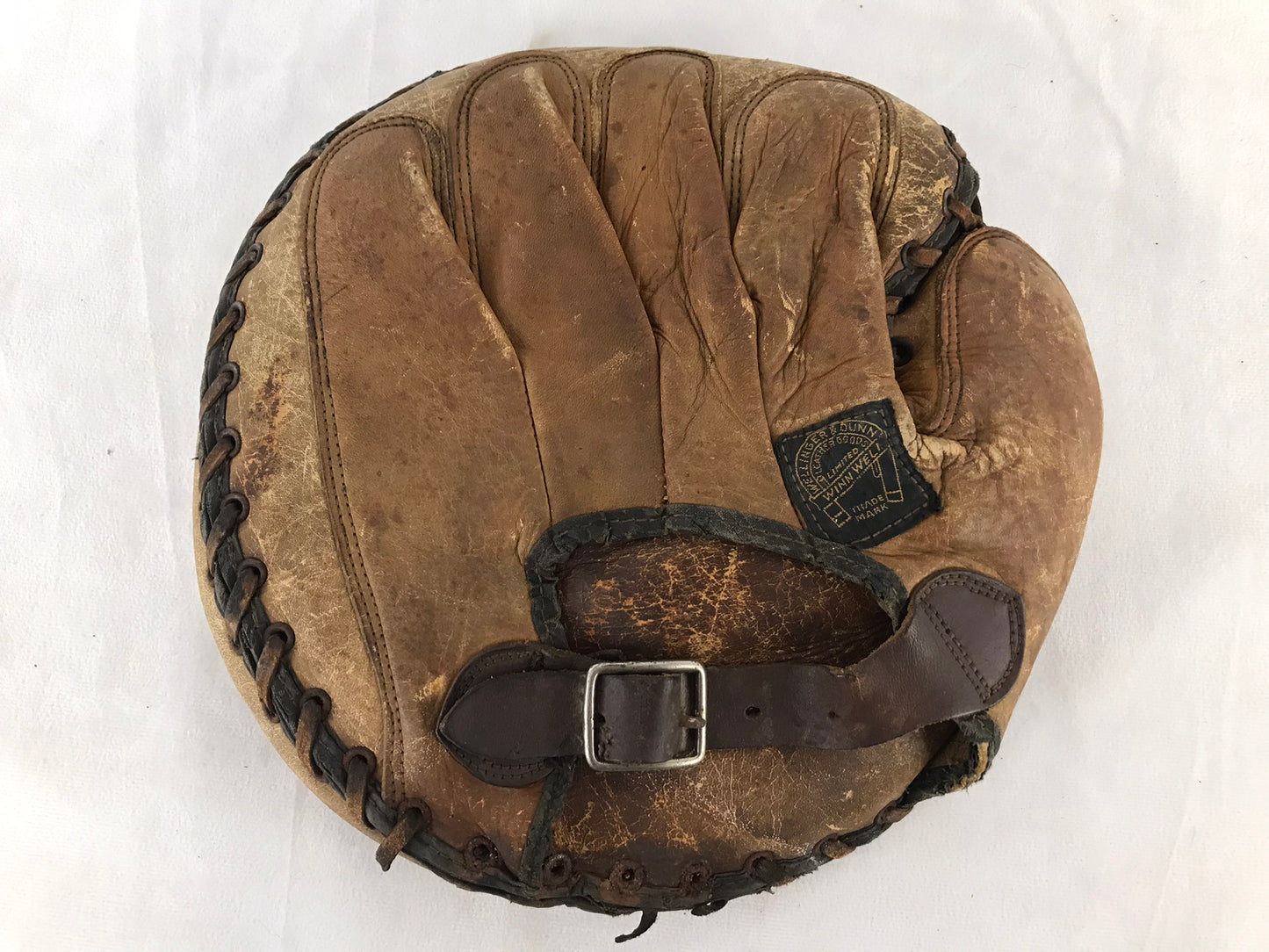Baseball Glove Catchers Mitt Size 11.5 inch Vintage 1950's Winnwell Leather Brown Black Fits on Left Hand RARE
