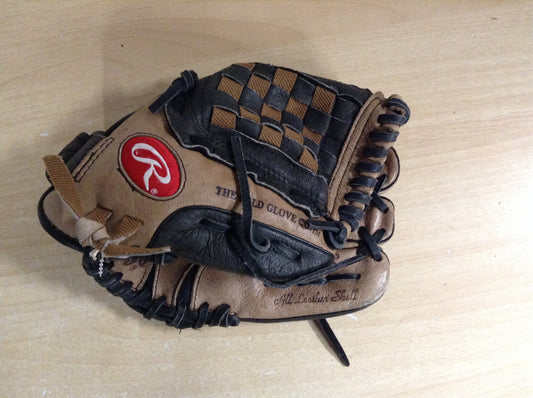 Baseball Glove Child Size 10.5 inch Rawlings Black Tan Brown Leather Fits on Left Hand Excellent