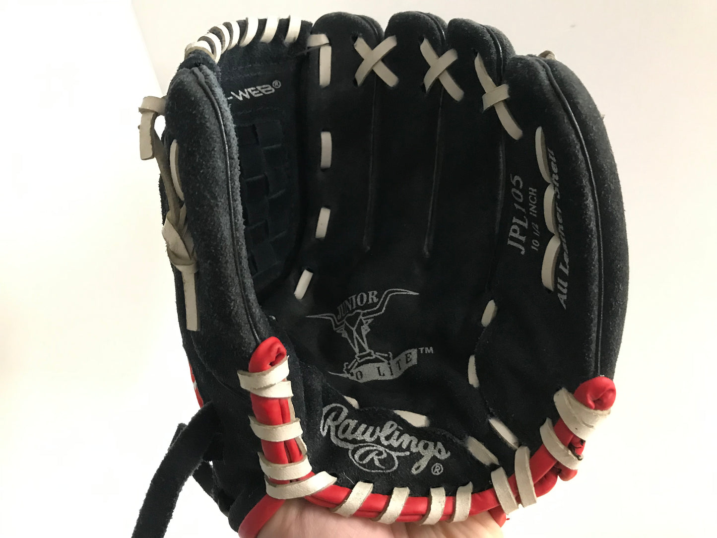 Baseball Glove Child Size 10.5 inch Rawlings Red Black Soft Leather Fits on Left Hand