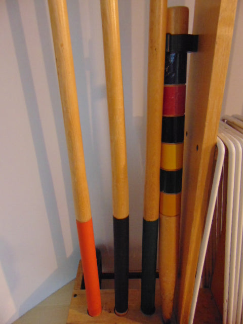 Croquet 5 pc Large Adult Size Vintage Set With Wagon On Wheels Beefy Sticks and Wire Pegs Too Big and Heavy For Children