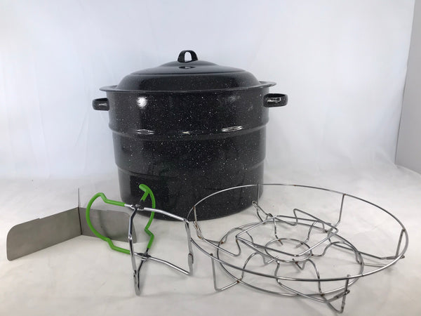 Canning 21 Quart Granite Ware Canner Holds Complete With Rack and Tongs Excellent