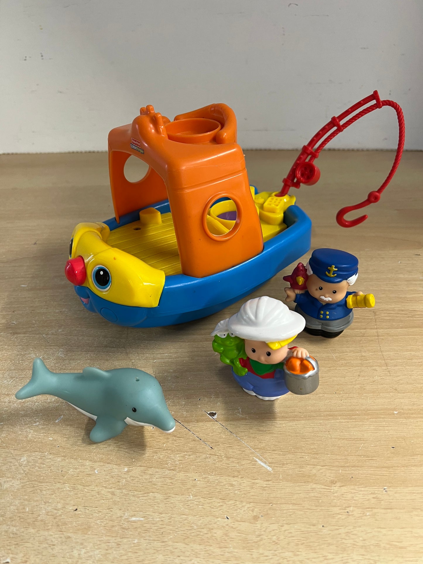 Fisher Price Little People Real Sounds Fishing Boat With Captain Mate and Dolphine