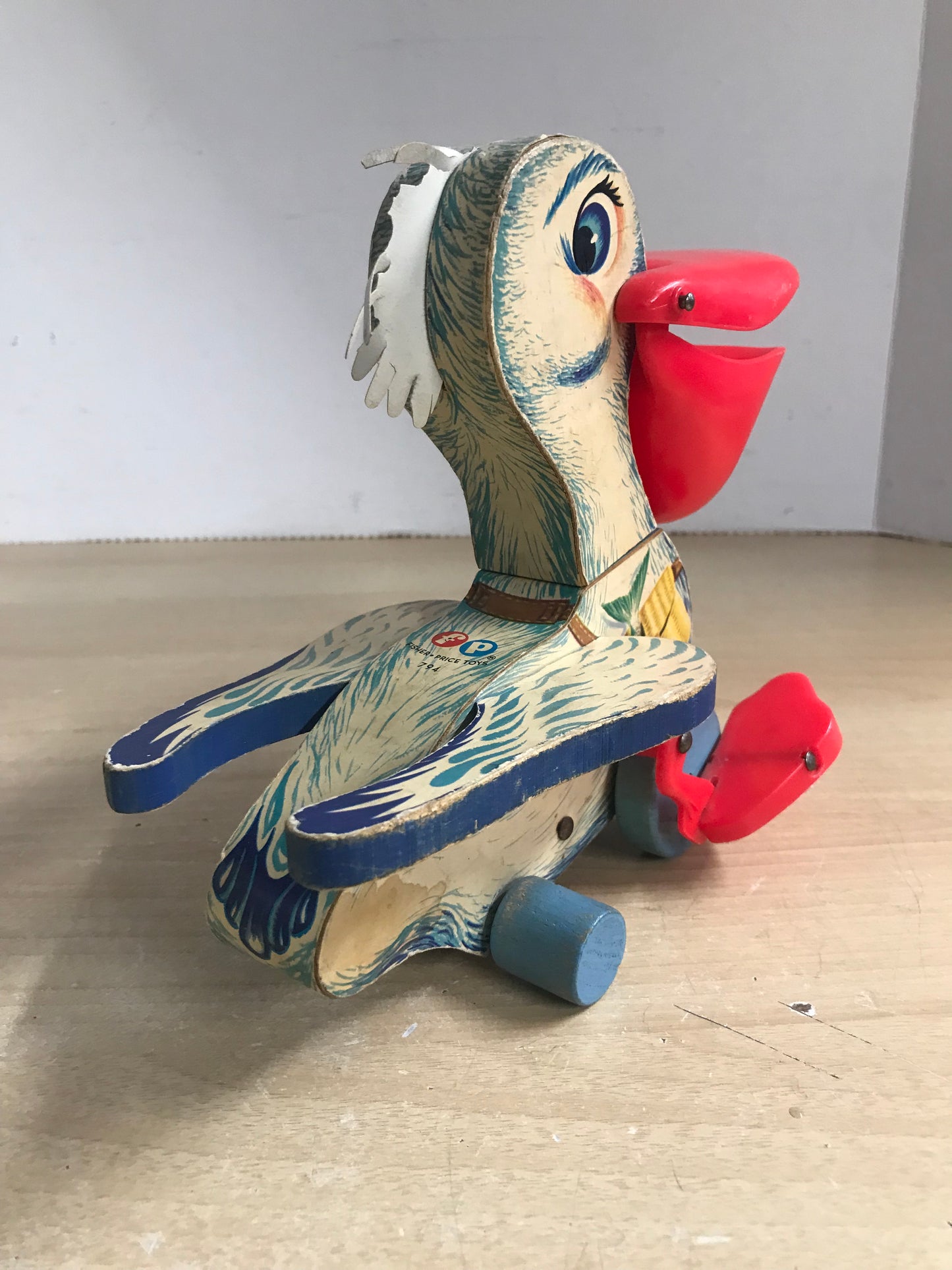 Fisher Price Vintage 1961 Wood Pelican Pull Toy RARE Minor Wear