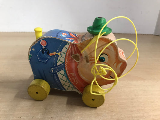 Fisher Price Vintage 1962 Wood Pudgy Pig Pull Toy RARE Minor Wear