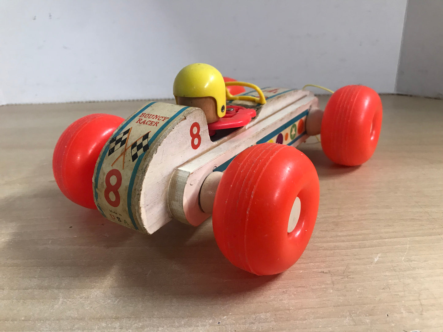 Fisher Price Vintage 1965 Bouncy Racer Wood Plastic Pull Toy Minor Wear Very RARE