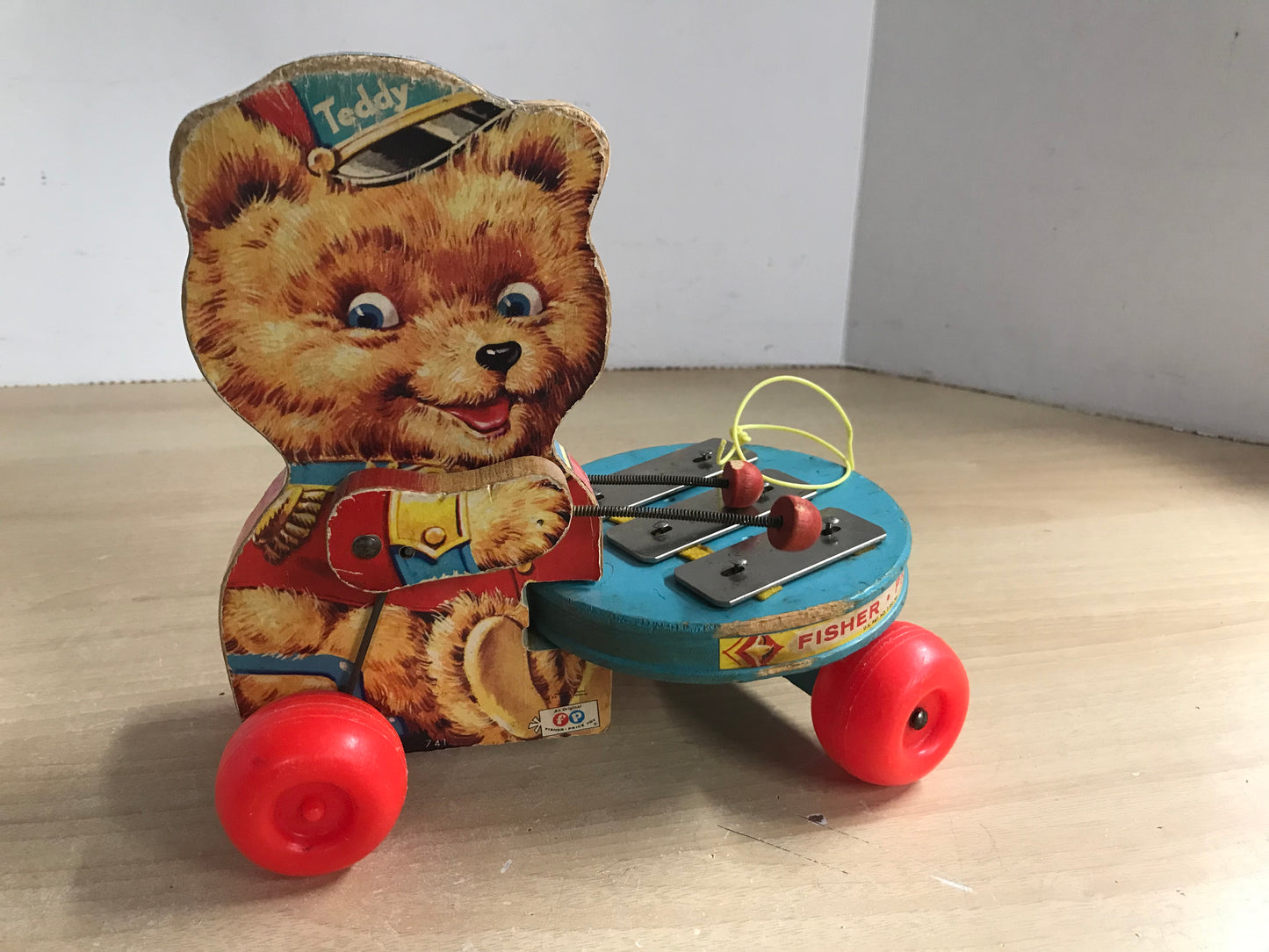 Fisher Price Vintage 1966 Wood Teddy Xylophone Pulls & Plays RARE