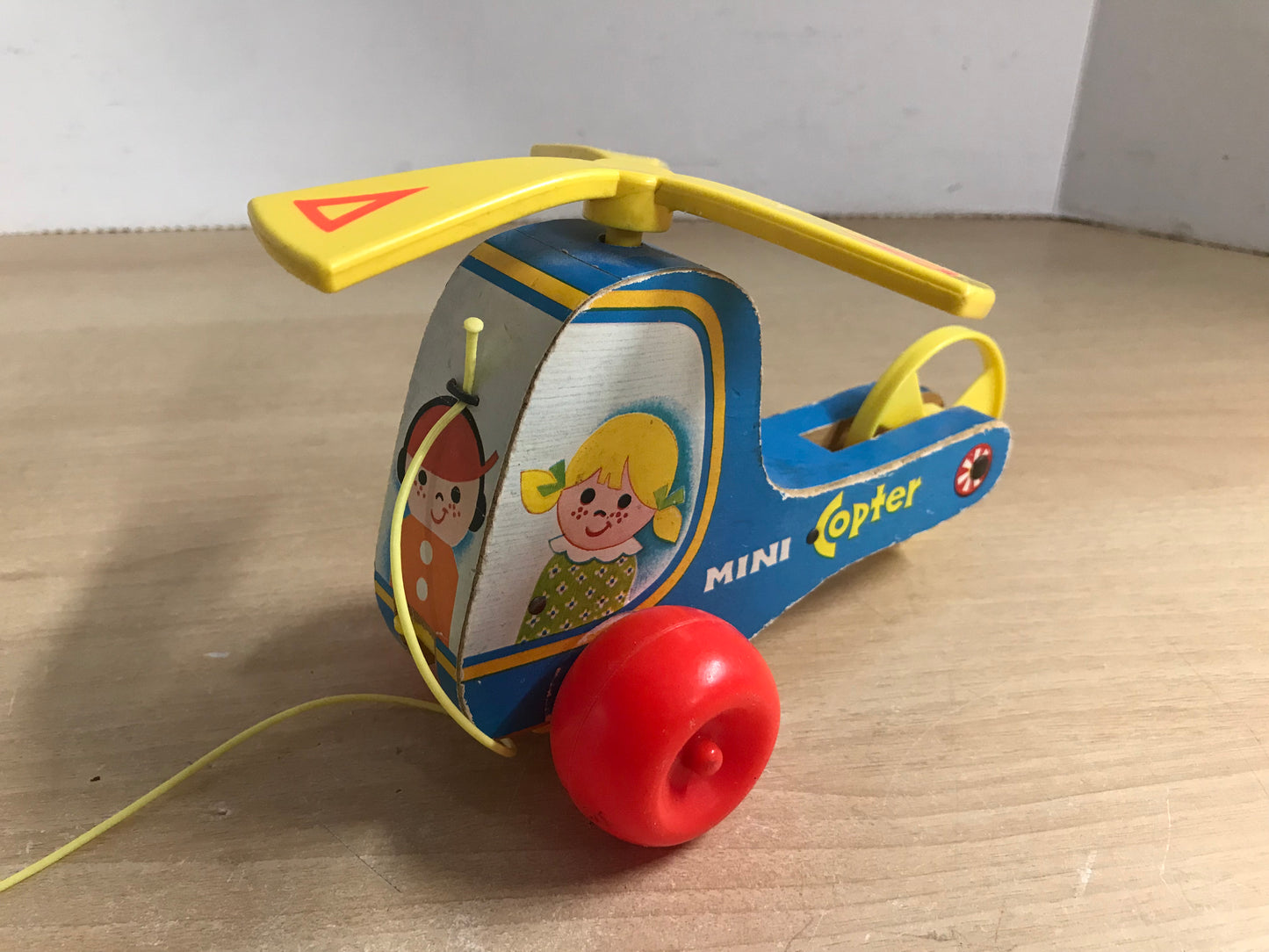 Fisher Price Vintage 1970 Wood Helicopter Pull Toy RARE Excellent