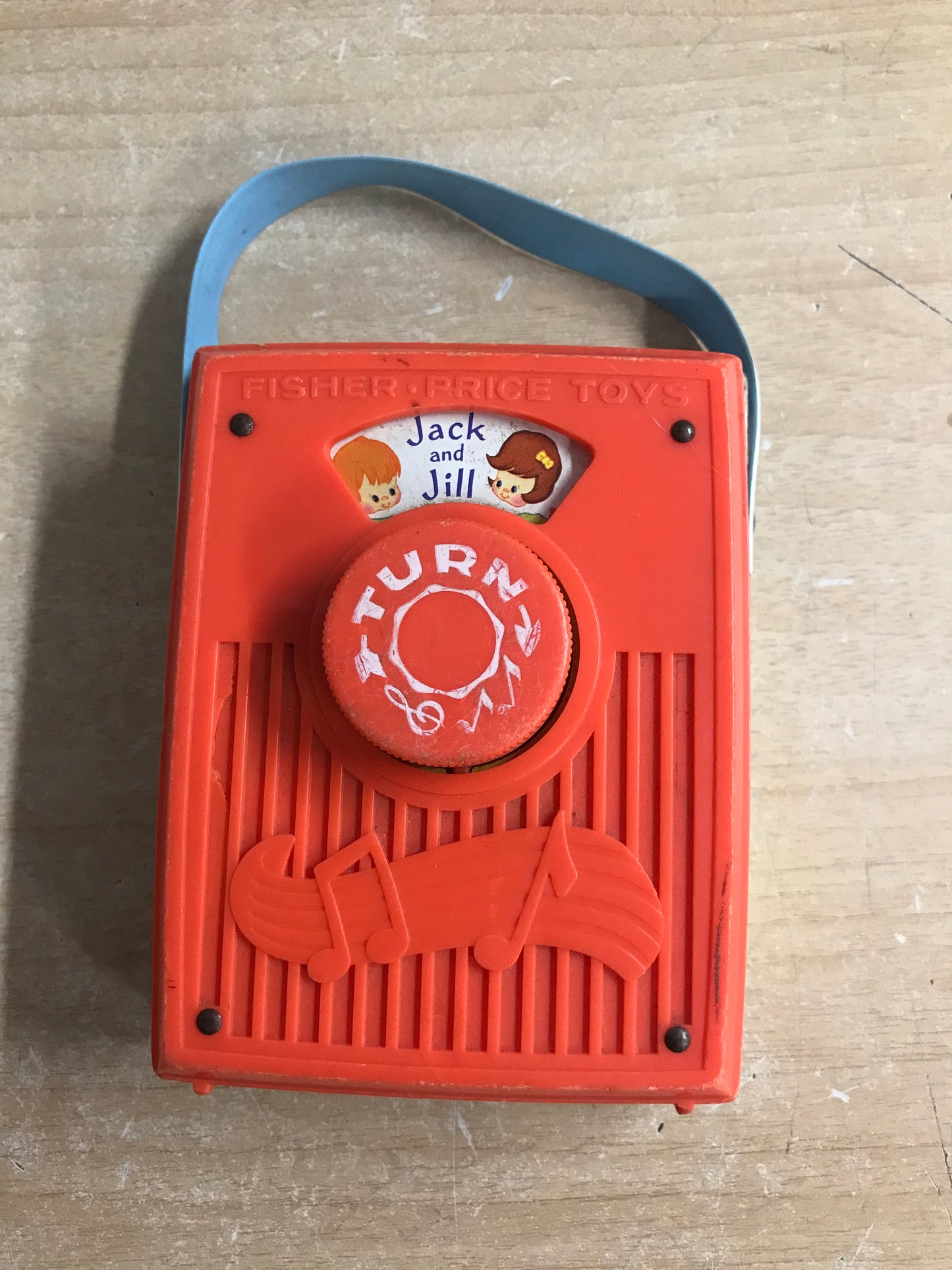 Fisher Price Vintage 1977 Music Box Pocket Radio Jack and Jill Wear Litho Paper Wear Works Great Wood Plastic