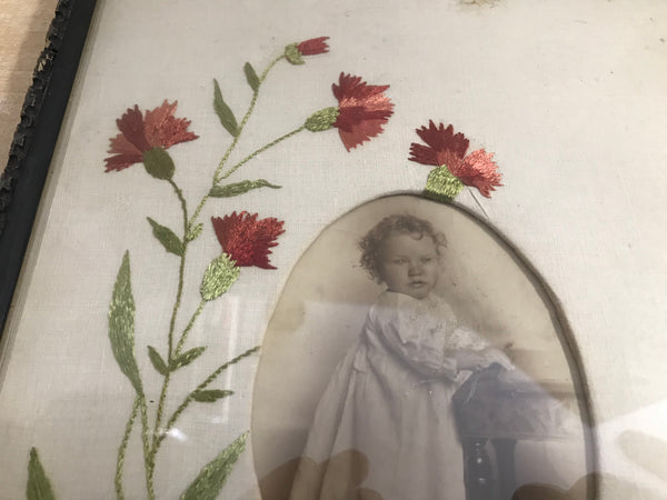 Grandma Attic Antique Picture Needlework and Frame from 1920's Water Mark On Cloth 10 x 13