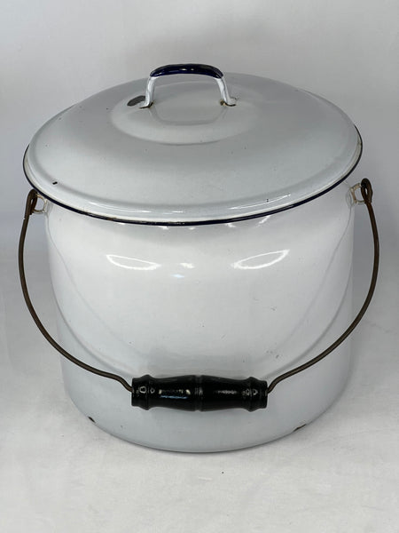 Grandma Attic Vintage Old Porcelain Enamelware Chamber Pot Diaper Pail Bucket Lid Wood Handle Excellent Condition