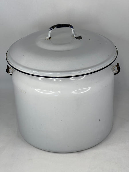 Grandma Attic Vintage Old Porcelain Enamelware Chamber Pot Diaper Pail Bucket Lid Wood Handle Excellent Condition