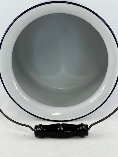 Grandma Attic Vintage Old Porcelain Enamelware Chamber Pot Diaper Pail Bucket Lid Wood Handle Excellent Condition