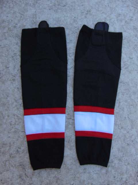 Hockey Socks Child Size 24 inch Intermediate NEW In Package BLACK White Red Two velcro fasteners interlock inserts