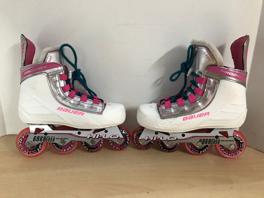 Hockey Roller Hockey Skates Child Size 1-2 Bauer Prodigy Hi low Rubber Wheels Pink White Minor Wear and Scratches