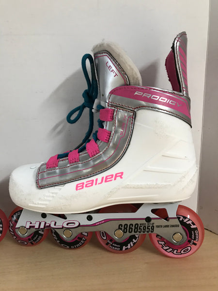 Hockey Roller Hockey Skates Child Size 1-2 Bauer Prodigy Hi low Rubber Wheels Pink White Minor Wear and Scratches