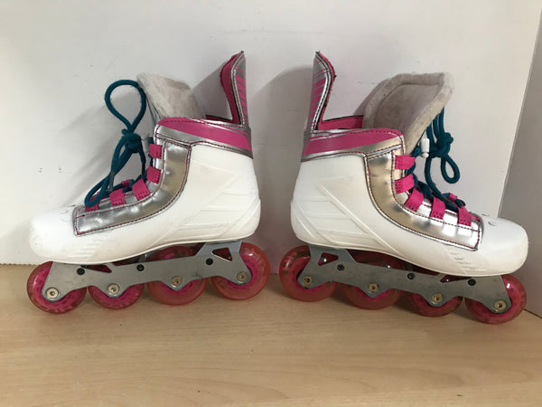 Hockey Roller Hockey Skates Child Size 1-2 Bauer Prodigy Hi low Rubber Wheels Pink White Minor Wear and Scratches
