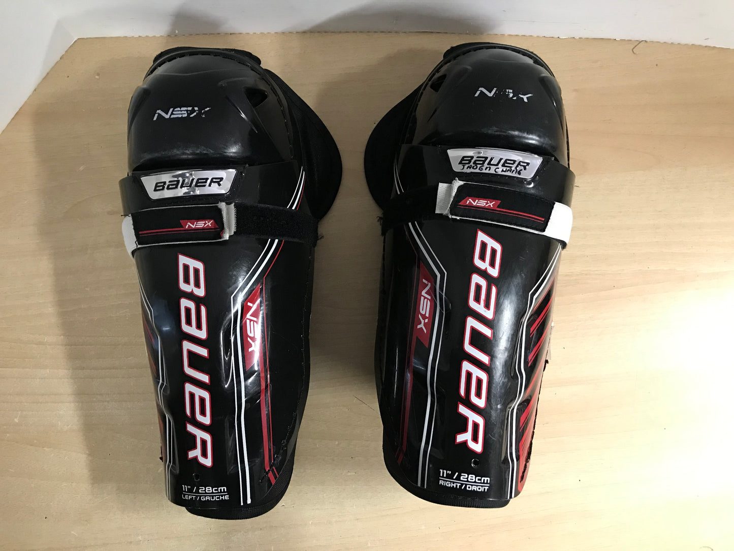 Hockey Shin Pads Child Size 11 inch Bauer NSX Calf Wrap Black Red As New