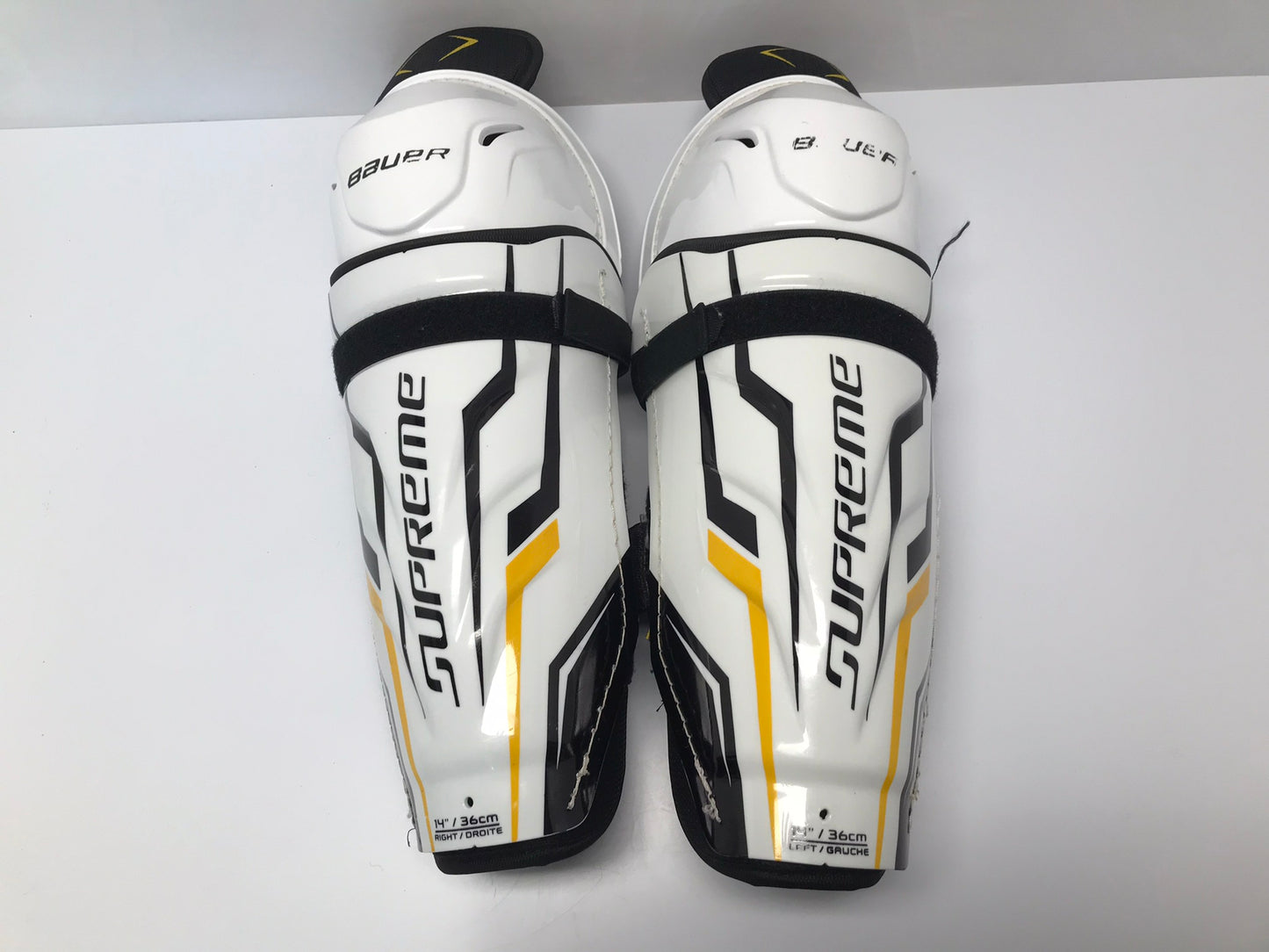 Hockey Shin Pads Men's Size 14 inch Bauer Supreme Black White Gold New Demo Model