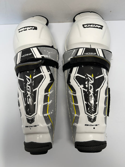Hockey Shin Pads Men's Size 15 inch CCM Tacks White Black Gold Excellent Minor Wear