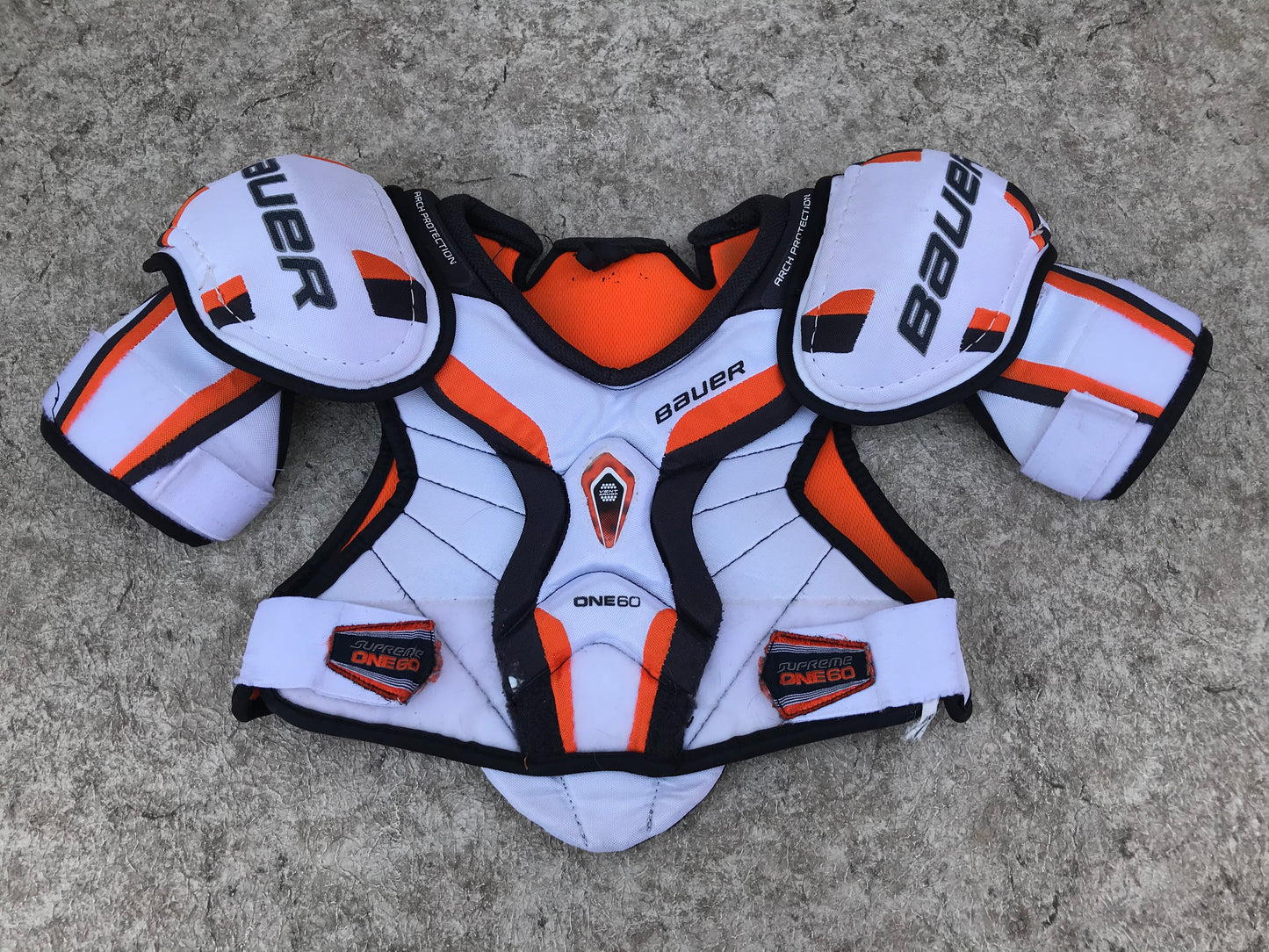 Hockey Shoulder Chest Pad Child Size Junior Medium Bauer One 60 White Black Orange Minor Wear