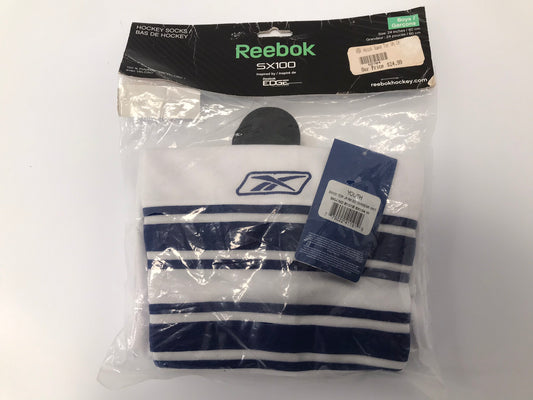 Hockey Socks Child Size 24 inch Intermediate NEW Reebok White Blue In Package Two velcro fasteners interlock inserts