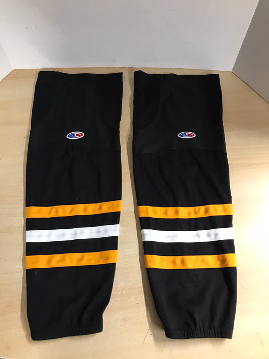 Hockey Socks Child Size 24 inch Junior Intermediate NEW Demo  Black White Gold velcro fasteners