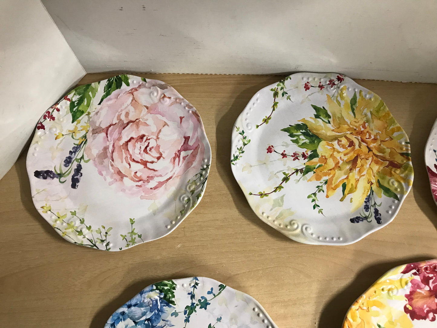 Home and Cottage New Pier 1 Melamine BPA free Dishwasher Safe Floral Cake Plate and Side Plates 11 and 9 inch
