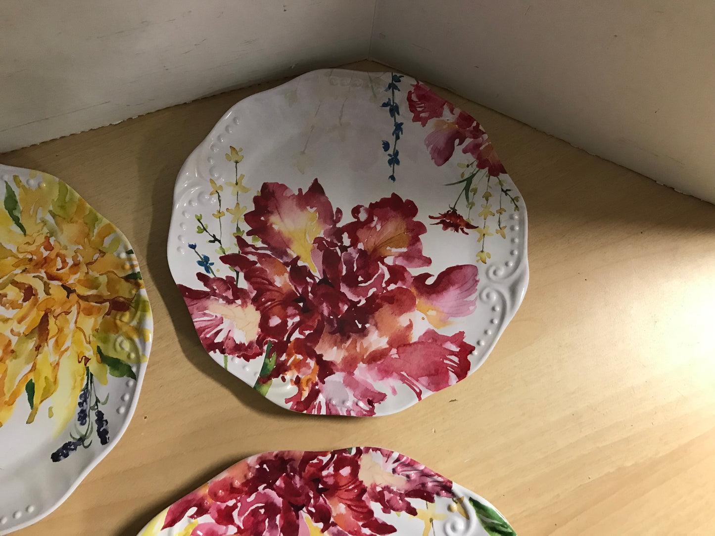 Home and Cottage New Pier 1 Melamine BPA free Dishwasher Safe Floral Cake Plate and Side Plates 11 and 9 inch
