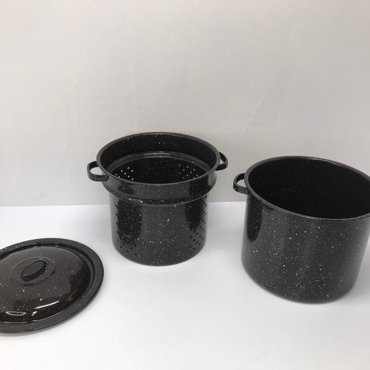 Home and Cottage Vintage Canning Enamelware Granite ware 7.5 Quart RARE Blanching 3 pc Pot set